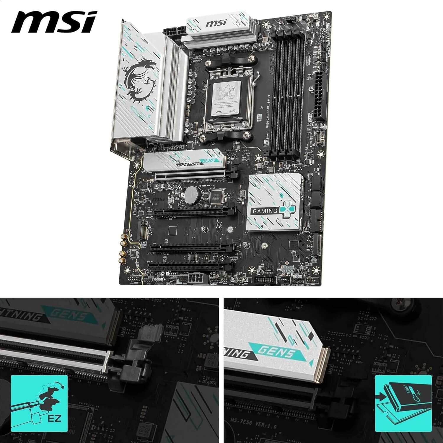 Carte mère MSI B850 Gaming Plus WiFi avec connectivité avancée et socket AM5.