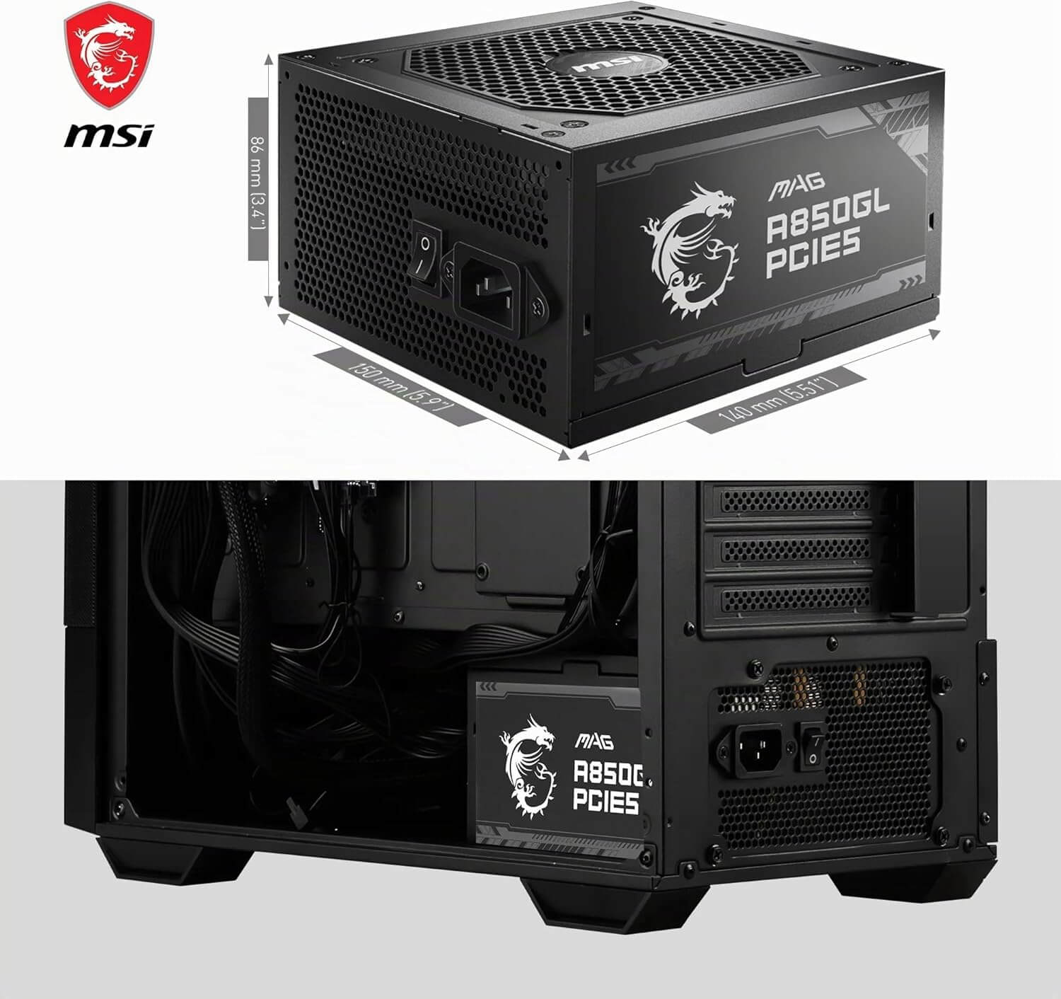 MSI MAG A850GL PCIE5 850W – 80 Plus Gold ATX 3.0 power supply installed in a gaming PC chassis