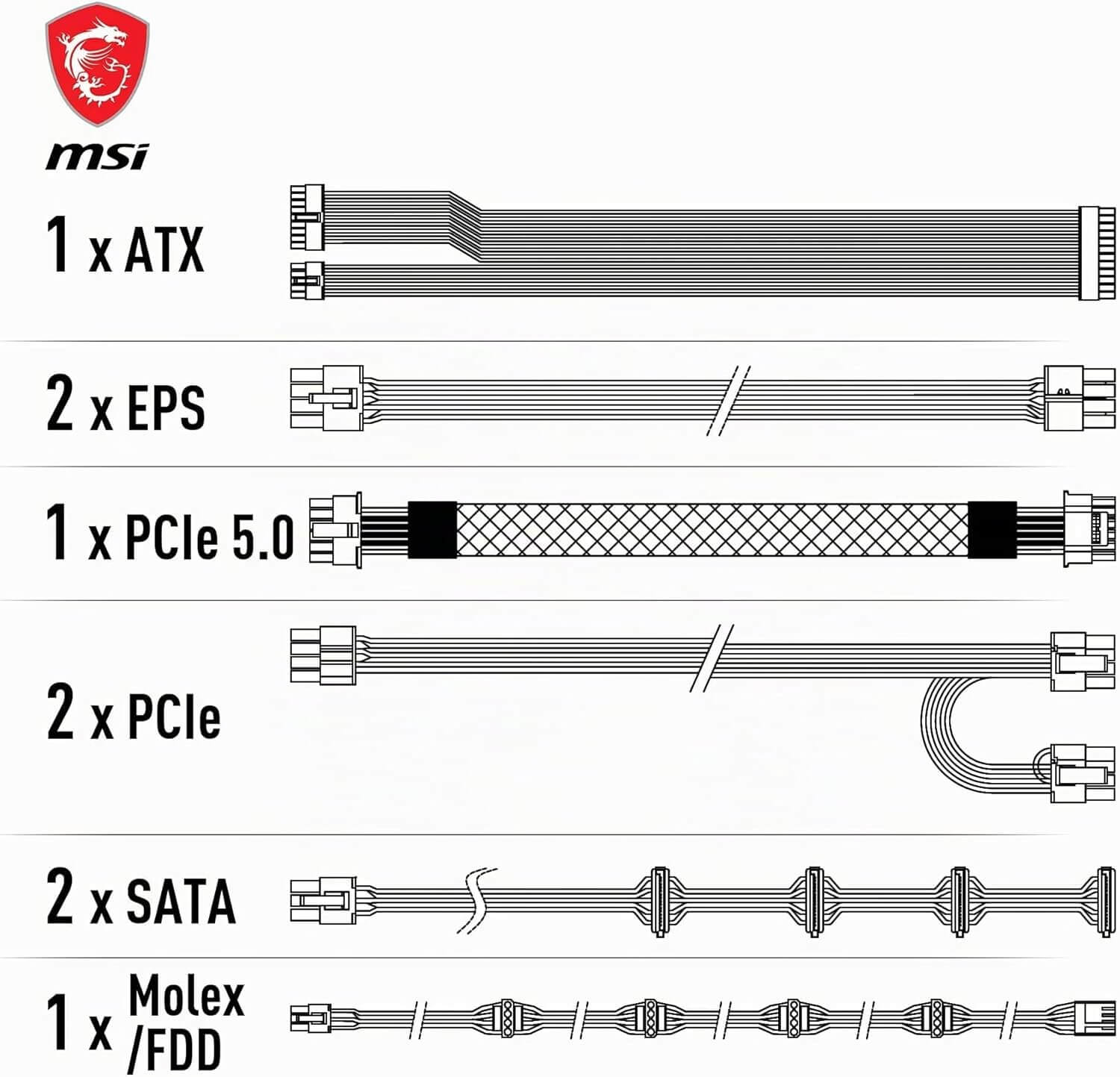 Câblage de l'alimentation MSI MAG A850GL PCIE5 850W – 80 Plus Gold ATX 3.0 avec options pour ATX, EPS, PCIe, SATA, et Molex.