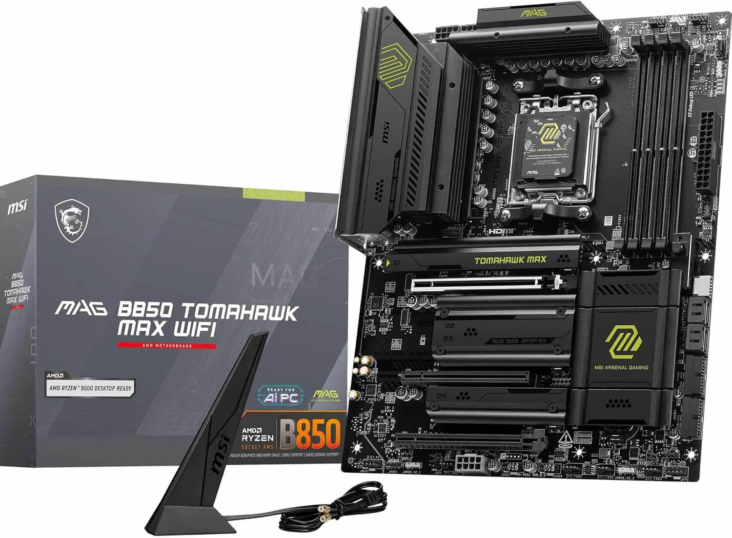 MSI MAG B850 Tomahawk Max WiFi avec antenne WiFi et emballage, conçue pour processeurs AMD Ryzen.
