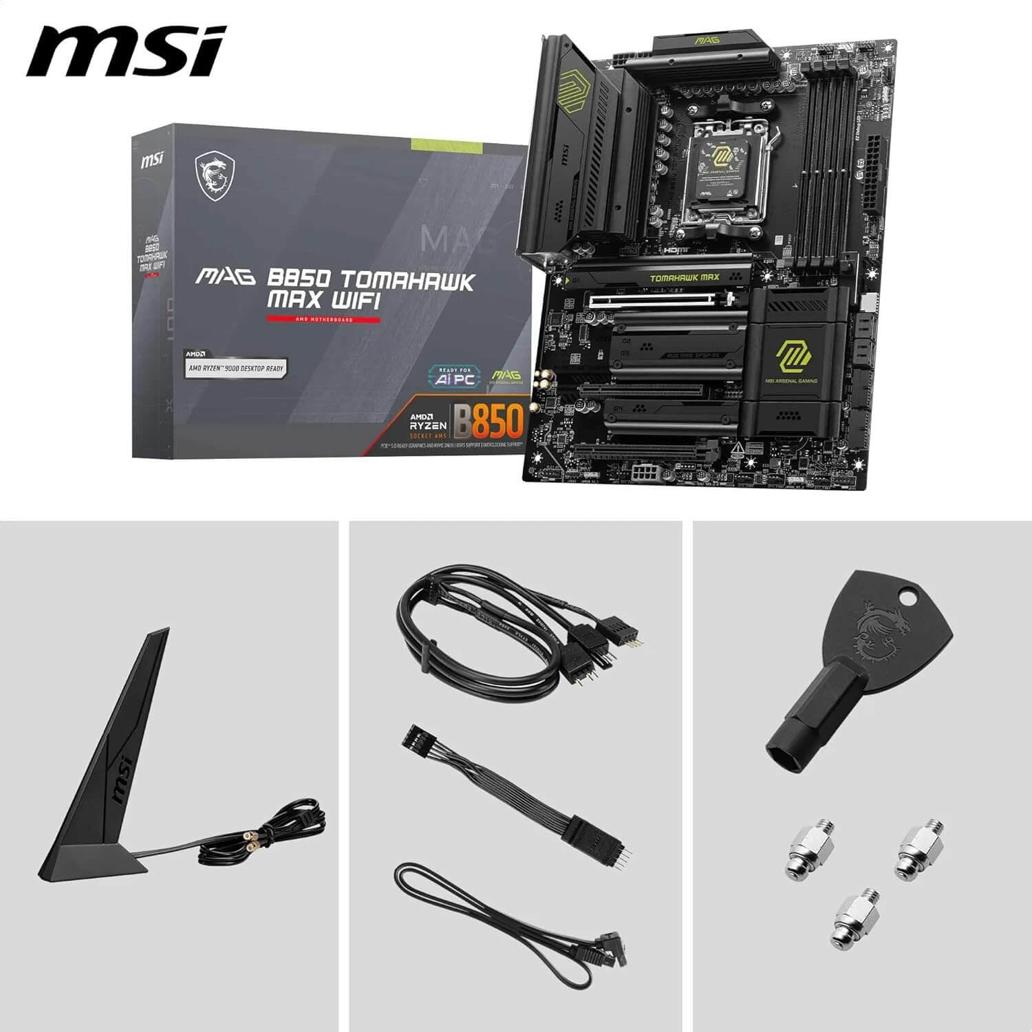 MSI MAG B850 Tomahawk Max WiFi avec accessoires de connexion, carte mère AM5 pour performances AMD modernes.