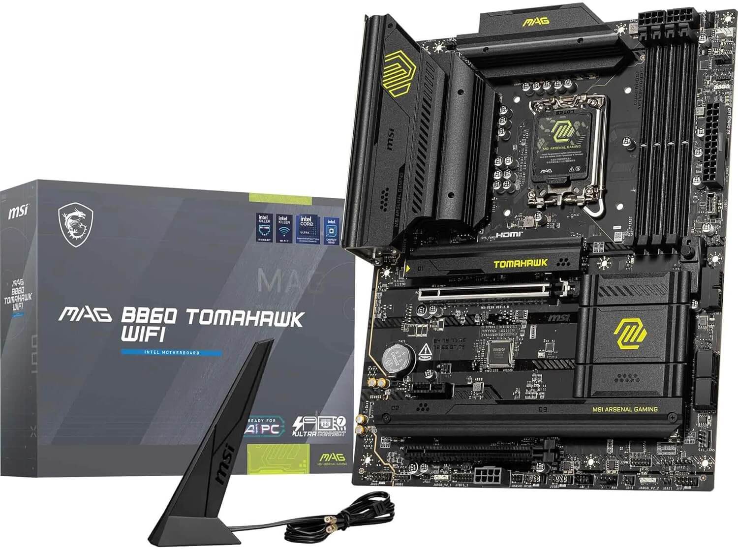 MSI MAG B860 Tomahawk WiFi motherboard with antenna, designed for Intel Core processors.