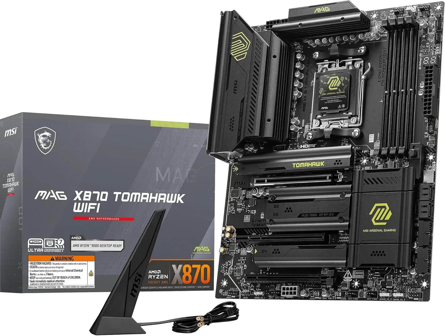 MSI MAG X870 Tomahawk WiFi carte mère avec antenne WiFi et boîte de présentation.