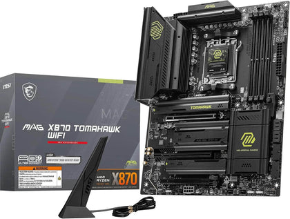 MSI MAG X870 Tomahawk WiFi carte mère avec antenne WiFi et boîte de présentation.