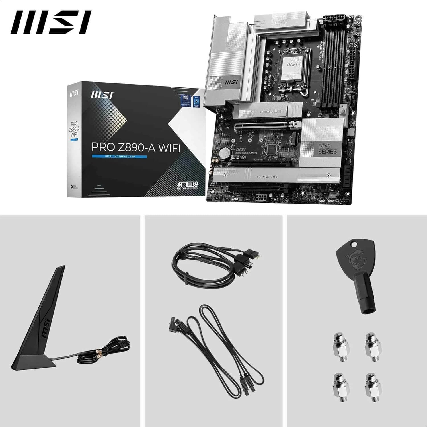 MSI Pro Z890-A WiFi, carte mère avec accessoires, antenne WiFi, câbles et éléments de configuration.