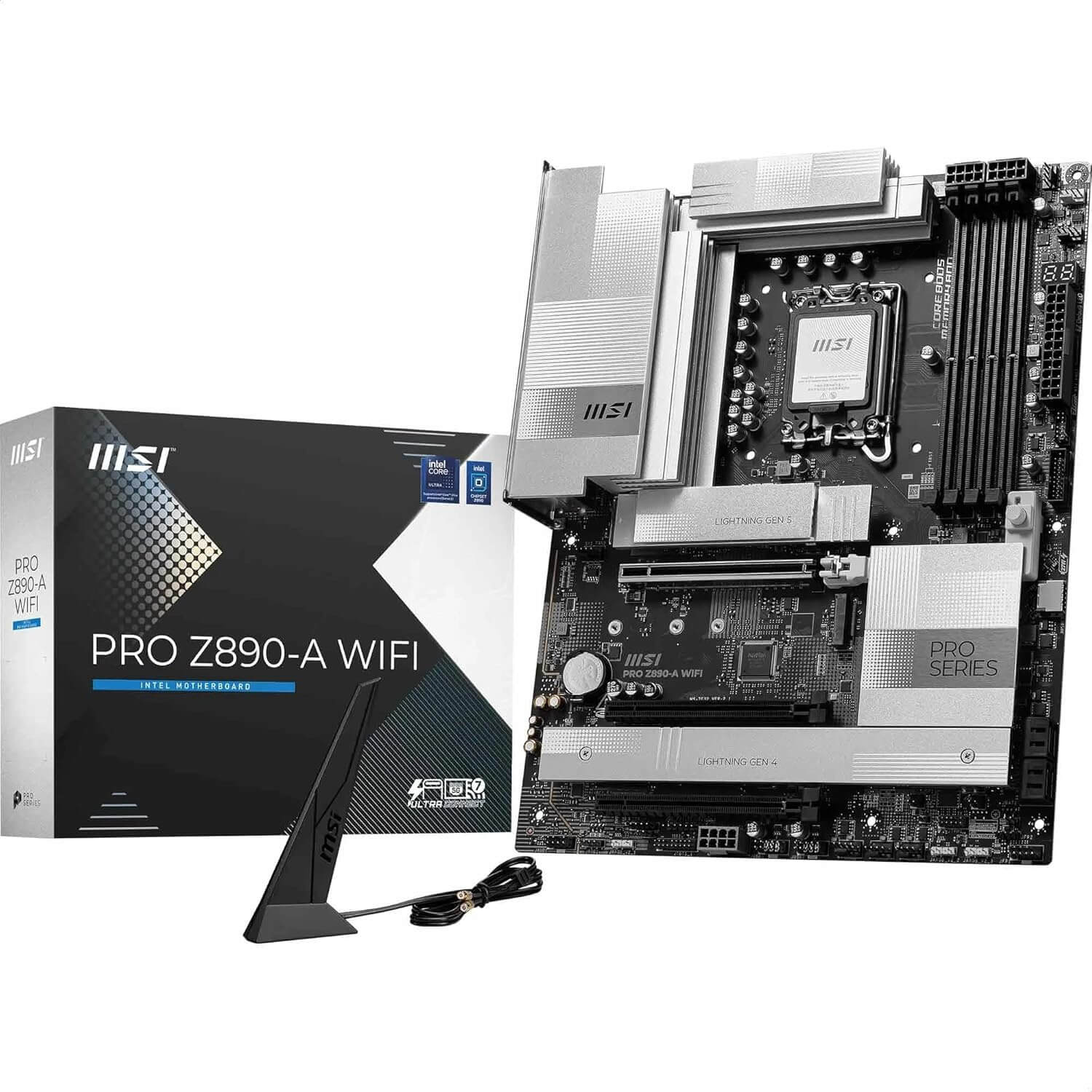 Image de la carte mère MSI Pro Z890-A WiFi avec antenne et boîte en arrière-plan.