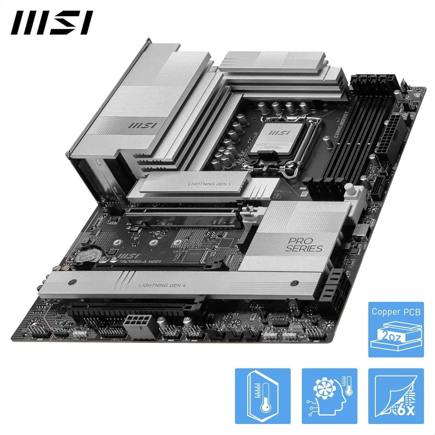 Image de la carte mère MSI Pro Z890-A WiFi avec refroidissement avancé et connectivité moderne.