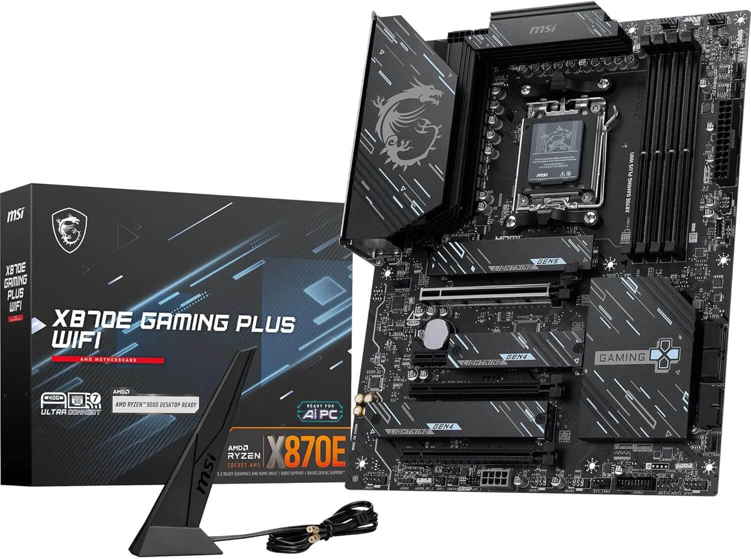 MSI X870E Gaming Plus WiFi carte mère ATX avec antenne WiFi et accessoires.