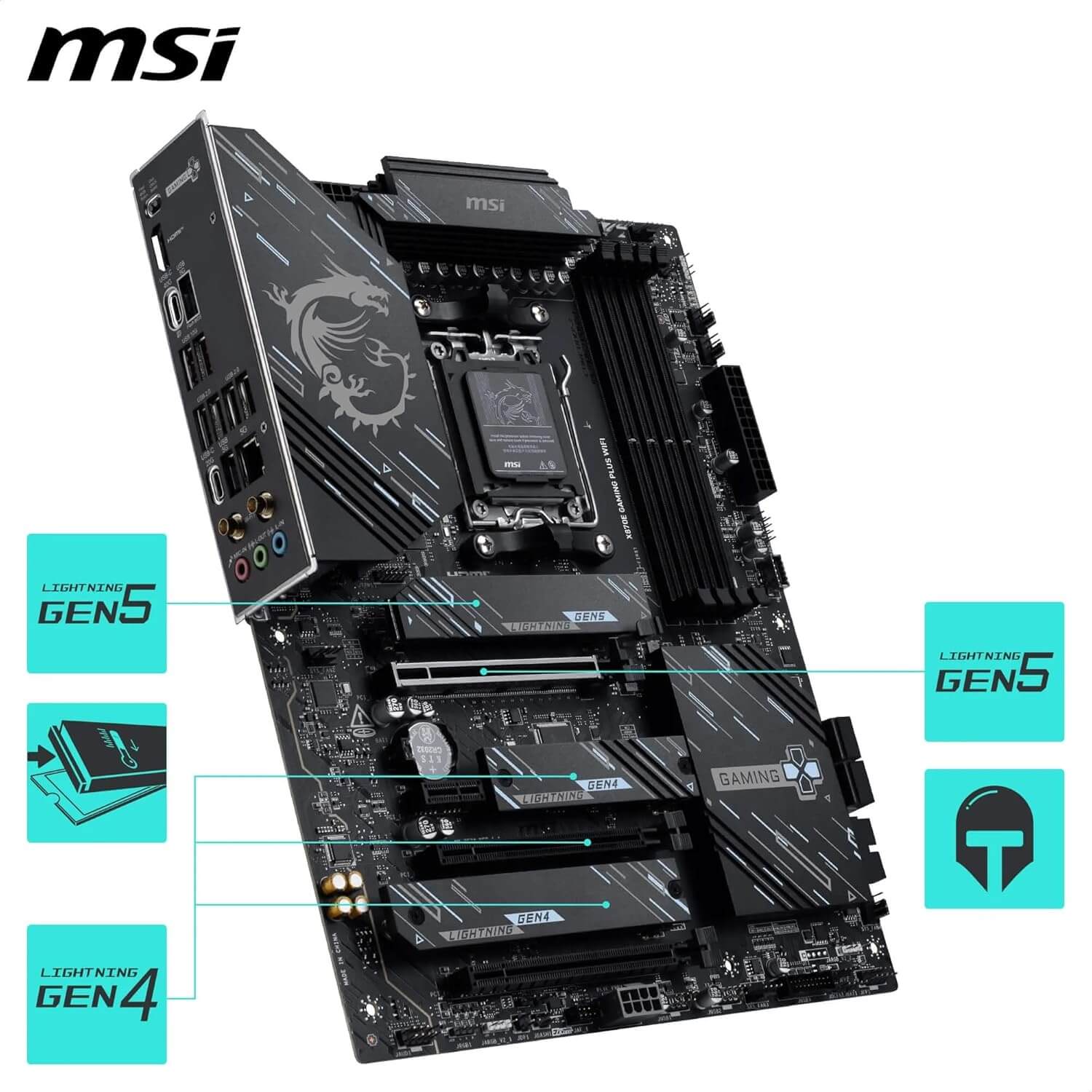 MSI X870E Gaming Plus WiFi carte mère ATX avec ports Lightning Gen 4 et Gen 5, conçue pour processeurs AMD.
