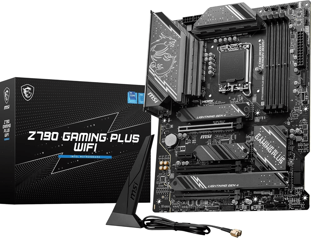 MSI Z790 Gaming Plus WiFi motherboard with Wi-Fi 6E and enhanced power design in package.
