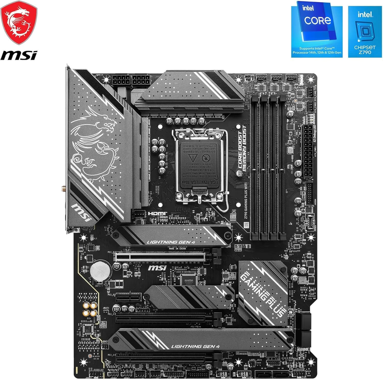 MSI Z790 Gaming Plus WiFi motherboard with Intel Core and chipset information, featuring robust design and connectivity.