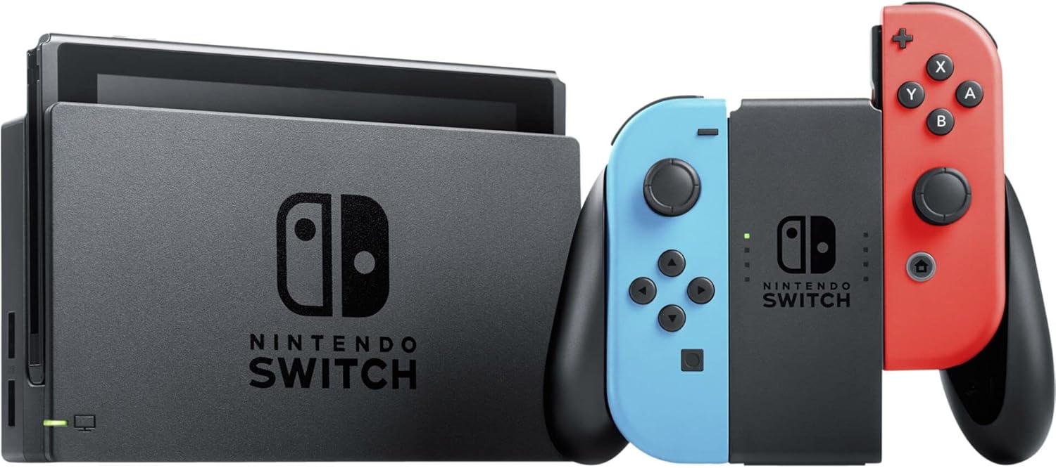 Console Nintendo Switch V2 Console avec manettes bleue et rouge, affichant le logo Nintendo.