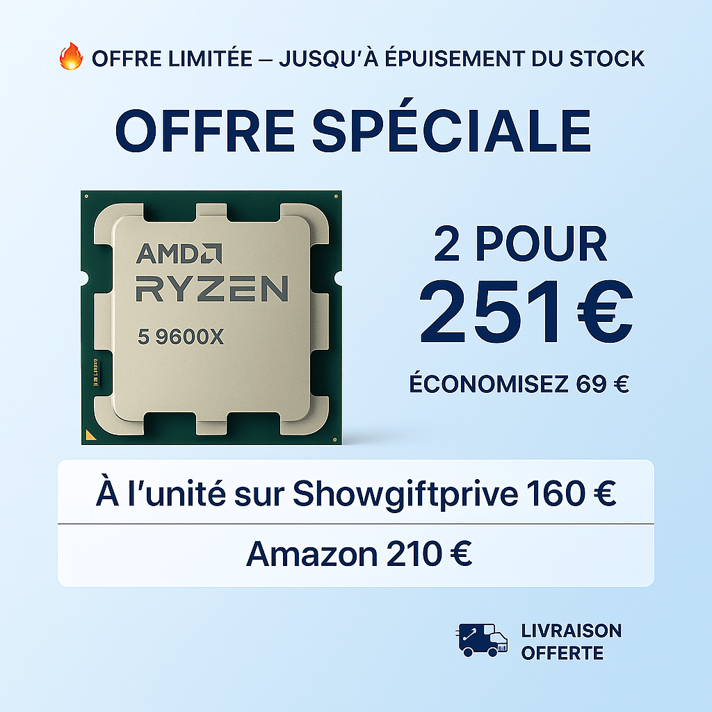 Promotion pour 2 Processeur AMD Ryzen 5 9600X à 251 €, économisez 69 € sur cette offre spéciale.