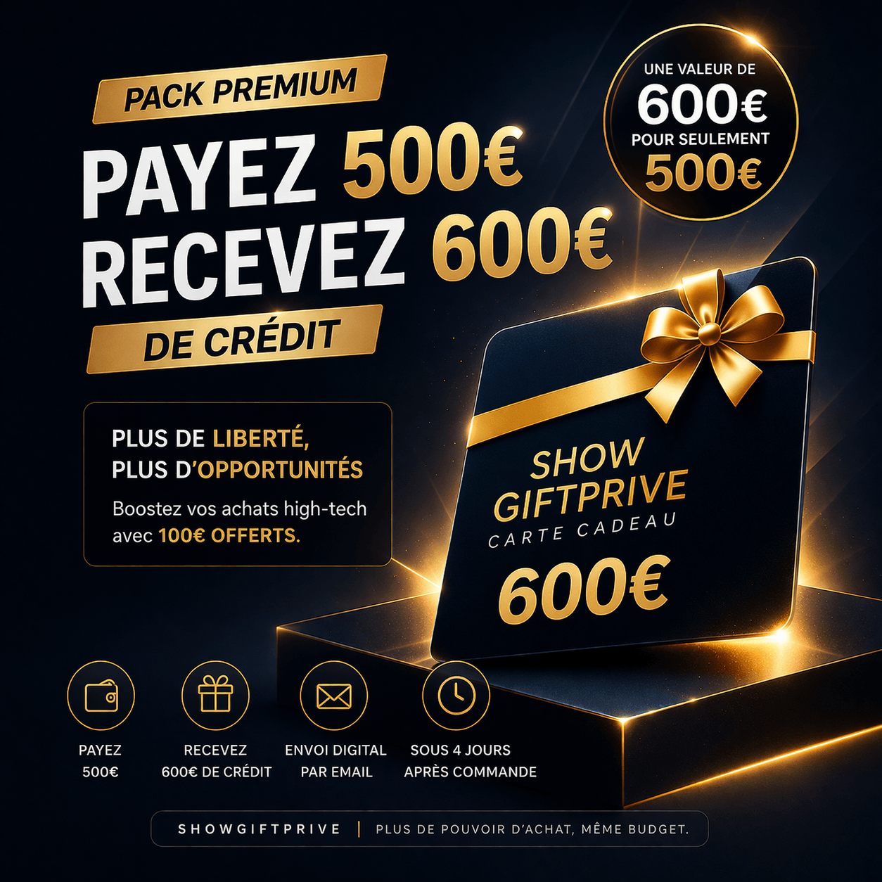 Pack Premium avec carte cadeau 600 euros pour 500€, Showgiftprive, avantages immédiats.