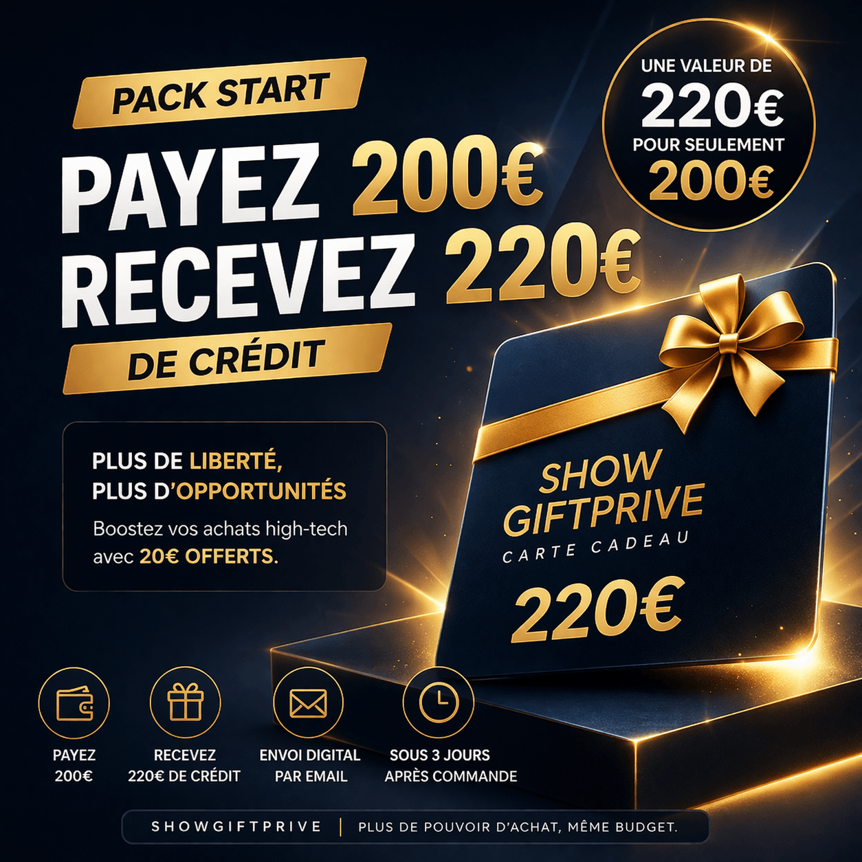 Pack Start: carte cadeau 220 euros pour 200€ — boostez vos achats high-tech avec Showgiftprive.com.