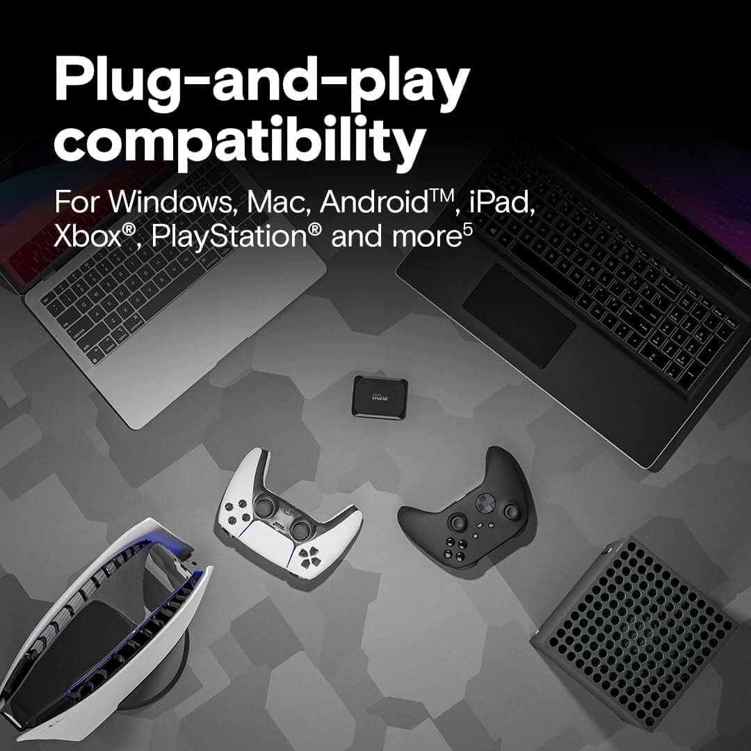 Crucial X9 2To SSD Portable avec compatibilité plug-and-play pour divers appareils.