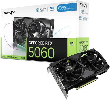 Carte graphique PNY GeForce RTX 5060 8 Go avec double ventilateur et boîte produit.