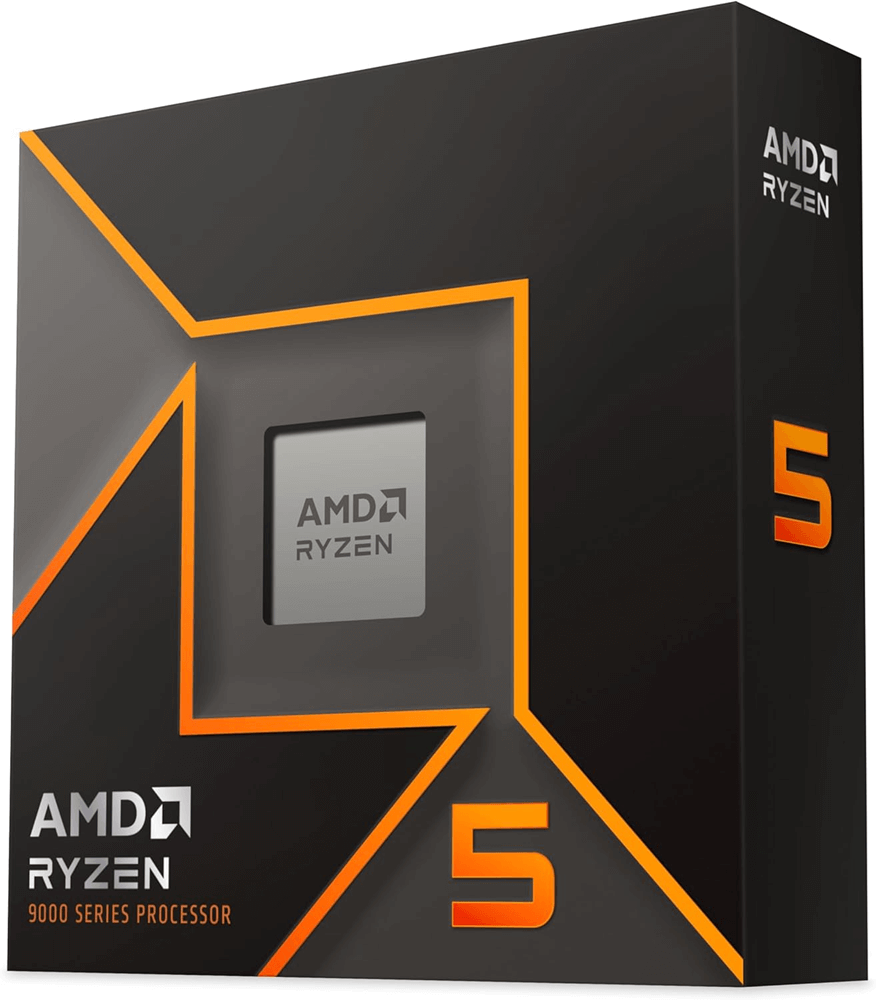Processeur AMD Ryzen 5 9600X en gros plan montrant le socket AM5 et la gravure AMD.