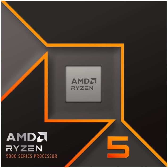 Processeur AMD Ryzen 5 9600X avec design moderne et branding AMD Ryzen sur fond noir.