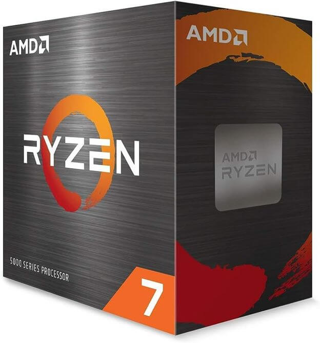 Processeur AMD Ryzen 7 5800X dans sa boîte noire et orange avec logo Ryzen.