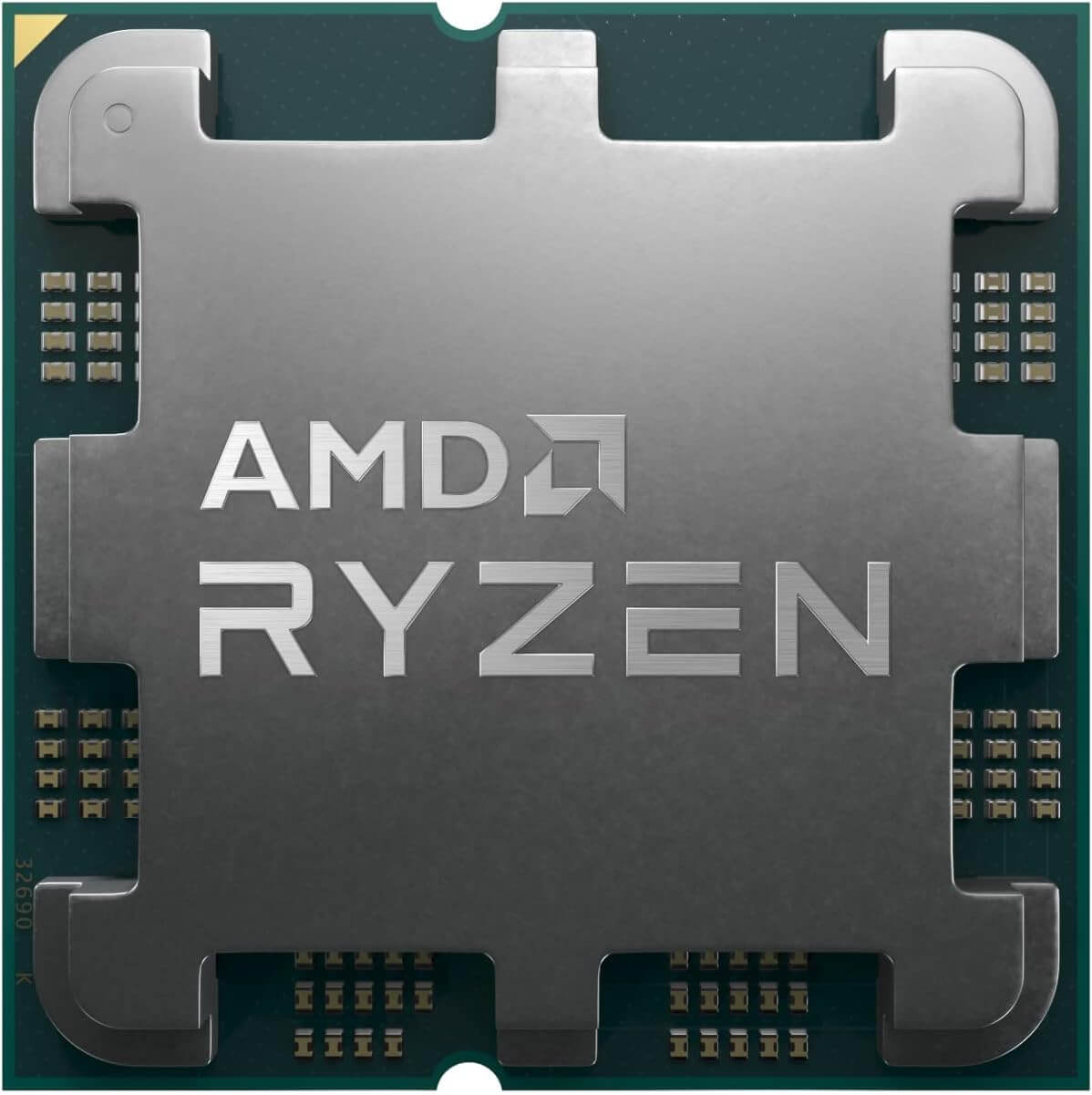 Processeur AMD Ryzen 7 7700X sur une carte mère, vue du dessus, avec logo AMD Ryzen.