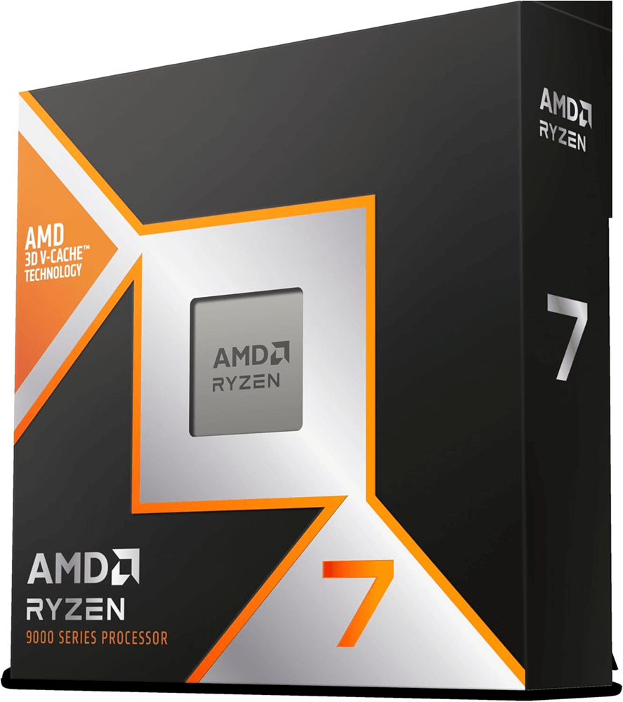 Processeur AMD Ryzen 7 9800X3D dans sa boîte noire avec logo Ryzen et mention 3D V-Cache.
