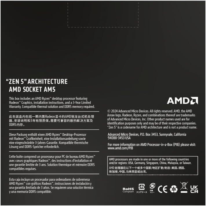 Processeur AMD Ryzen 9 9900X packaging back with Zen 5 architecture and AM5 socket information.