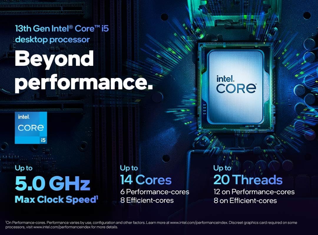 Processeur Intel Core i5-13400F affichant des caractéristiques de performance et d'efficacité, conçu pour les gamers et créateurs.