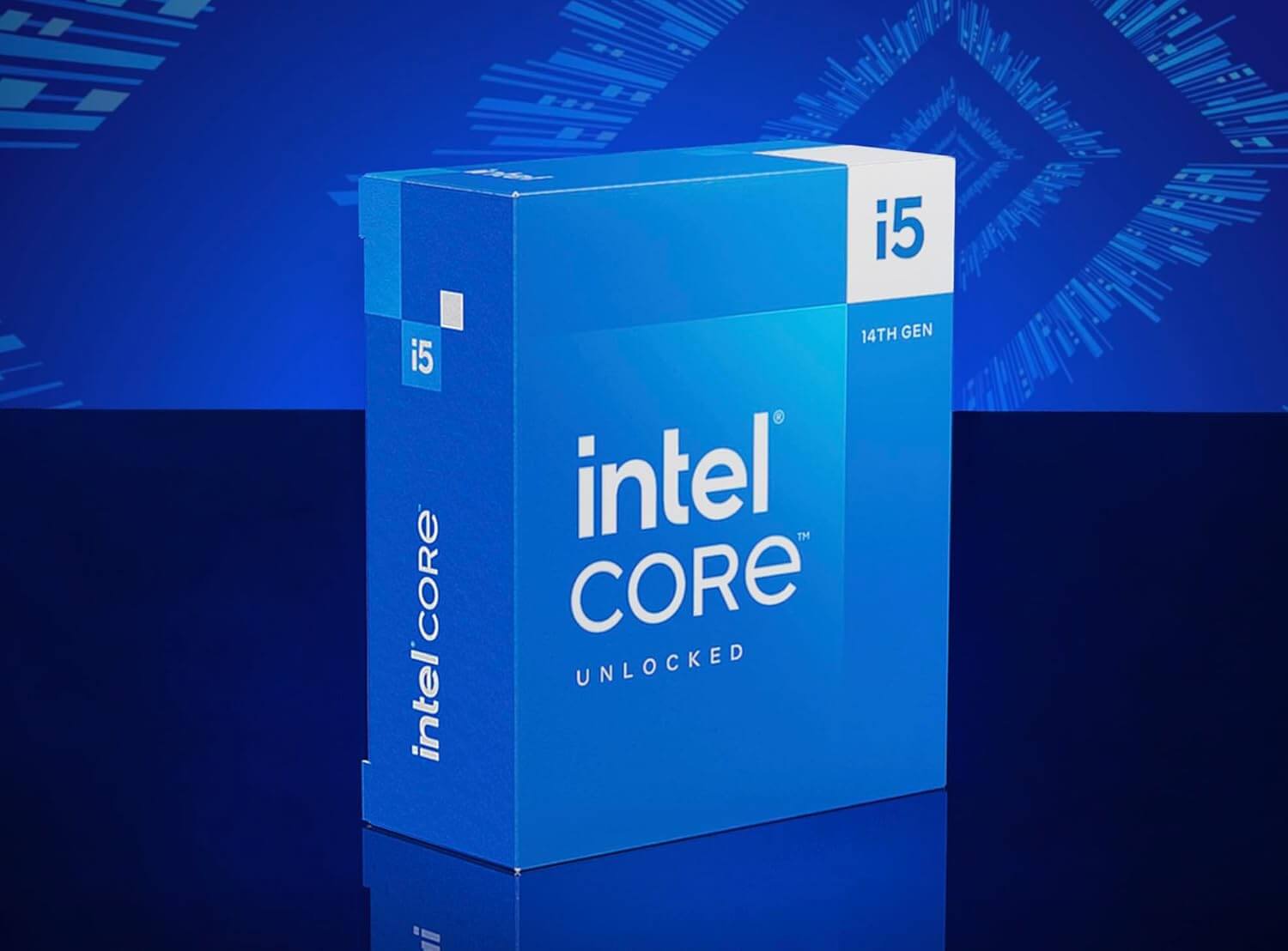 Processeur Intel Core i5-14600K emballage de la 14ᵉ génération sur fond bleu.