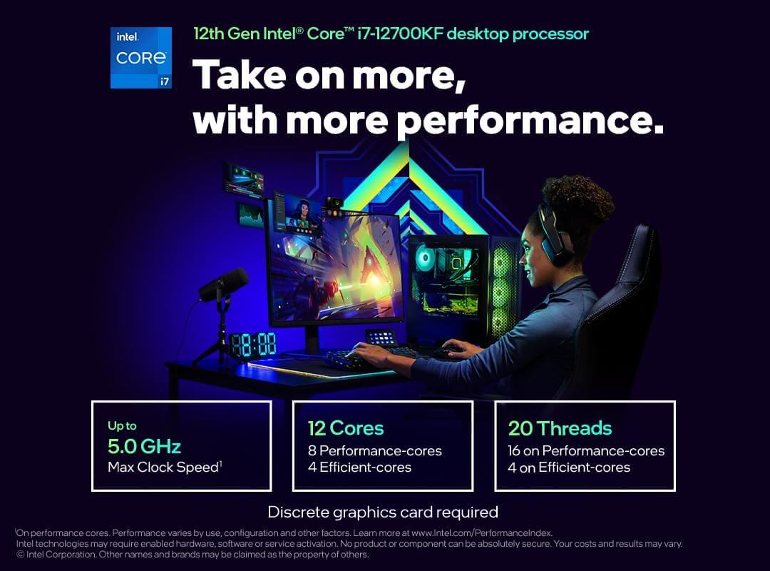 Processeur Intel Core i7-12700KF avec 12 cœurs et performances optimisées pour gamers et créateurs.