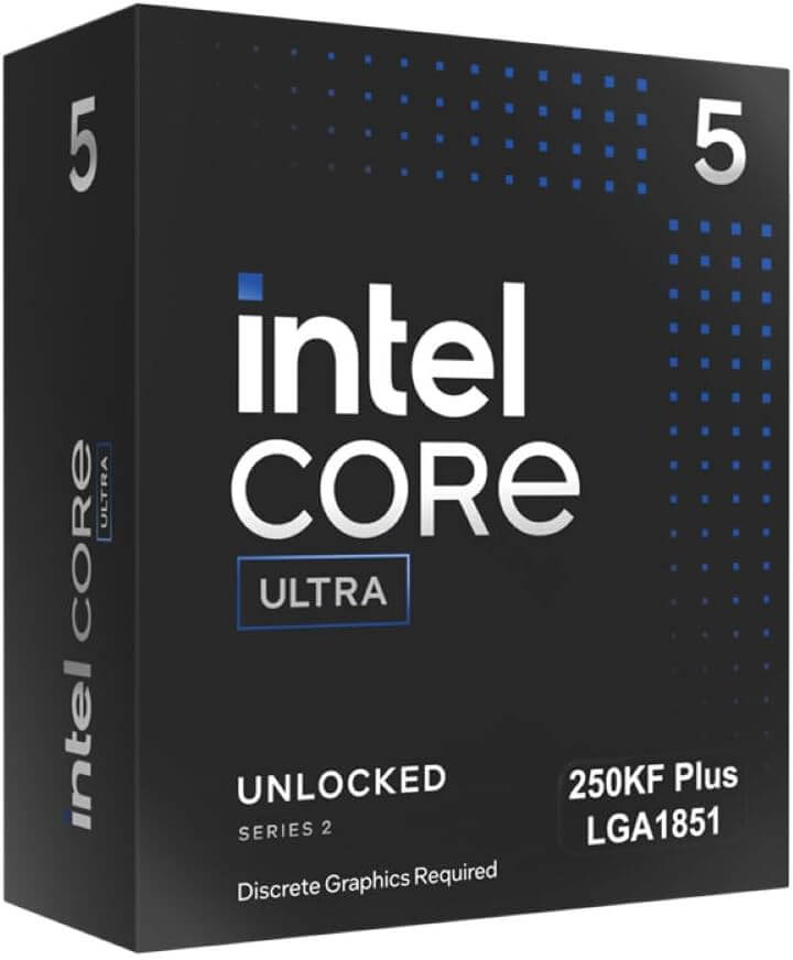 Emballage du processeur Intel Core Ultra 5 250KF, série 2, déverrouillé, design moderne et épuré.