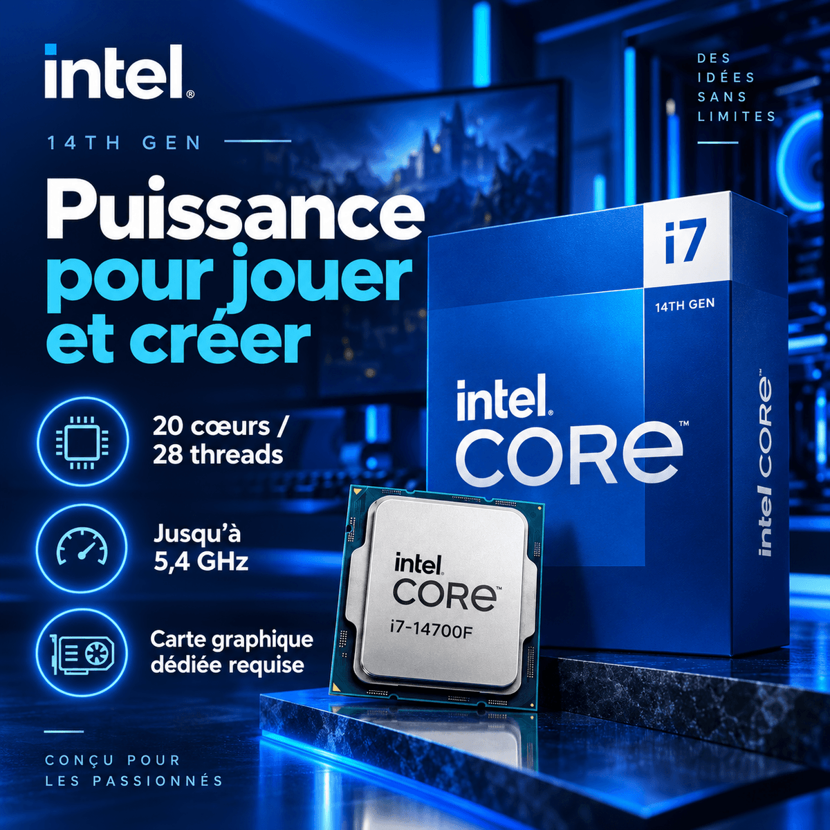 Intel Core i7-14700F processeur avec 20 cœurs et fréquence jusqu'à 5,4 GHz pour le gaming et la création.