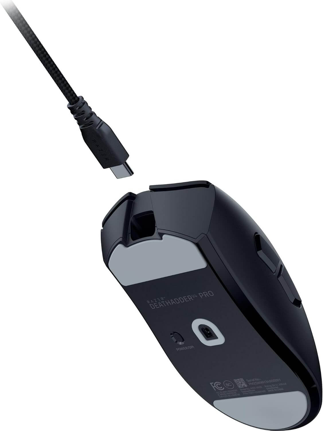 Razer DeathAdder V4 Pro gaming mouse with a USB Type-C connection, showcasing ergonomic design and advanced features.