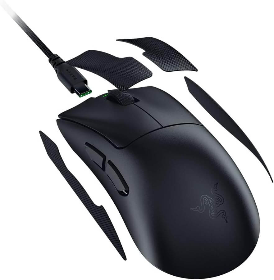 Razer DeathAdder V4 Pro gaming mouse with customizable grips and cable, designed for precision and comfort.