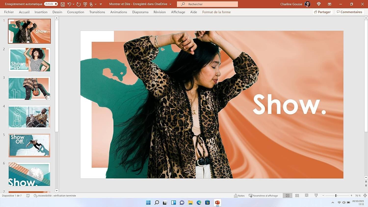Image présentant un modèle avec le texte "Show" dans une présentation Office Famille et Petite Entreprise 2021.