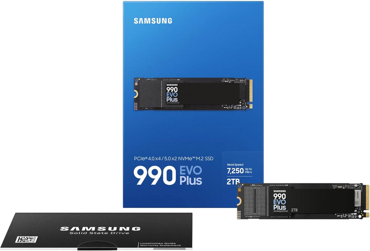 SSD Samsung 990 EVO+ 2 To en format M.2, affichant le design noir et le logo Samsung.