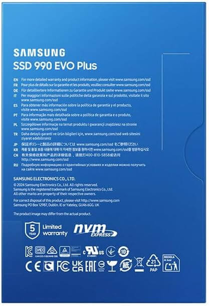 Étiquette arrière du SSD Samsung 990 EVO+ 2 To avec informations de garantie et spécifications techniques.