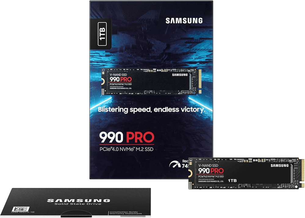 SSD Samsung 990 Pro 1 To – boîtier et disque présentés, mettant en avant une vitesse et des performances exceptionnelles.