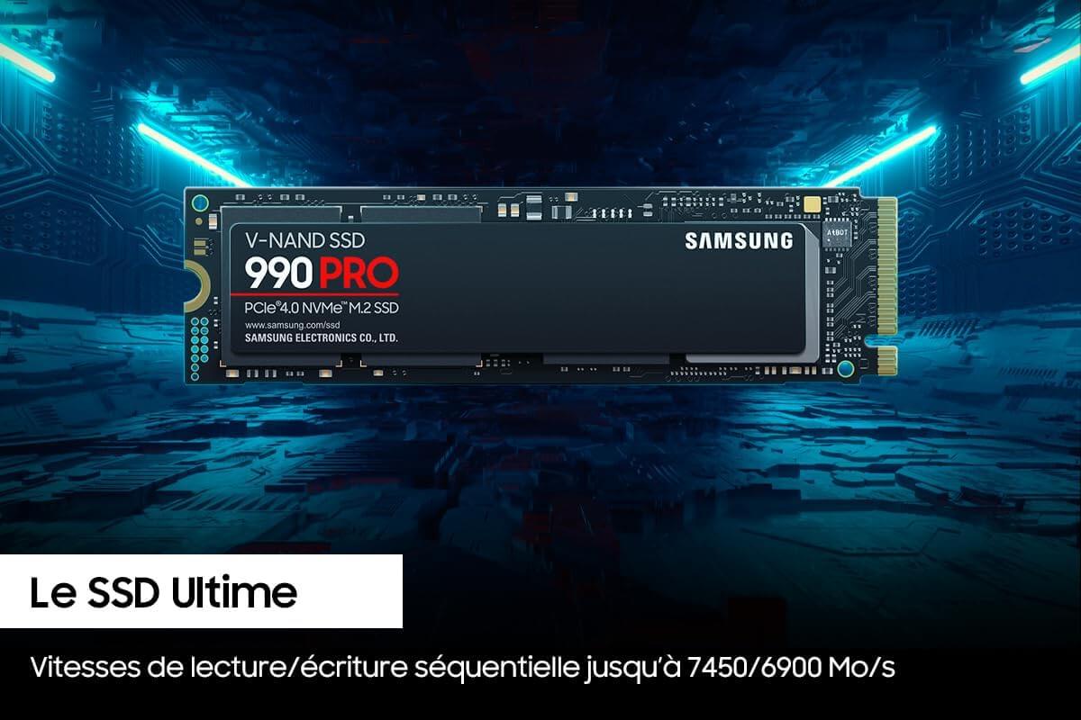 SSD Samsung 990 Pro 2 To M.2 NVMe avec des vitesses jusqu'à 7450/6900 Mo/s pour performances extrêmes.