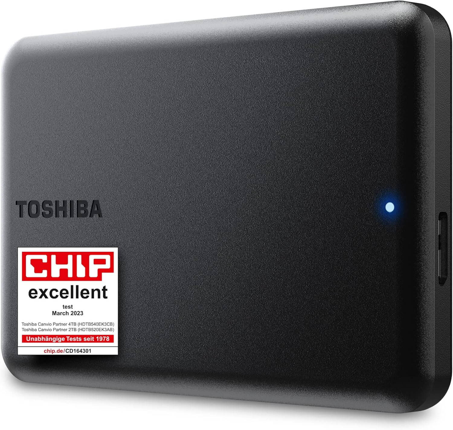 Disque dur externe portable Toshiba Canvio Partner 2TB avec indicateur LED et étiquette de test CHIP excellent.