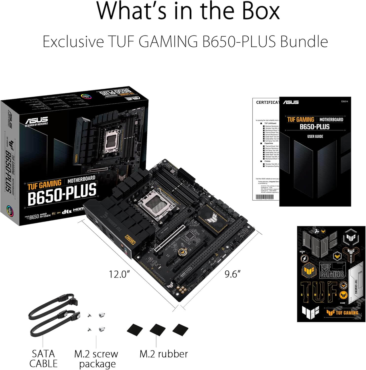 TUF GAMING B650-PLUS exclusive bundle contents including motherboard, SATA cables, and documentation.