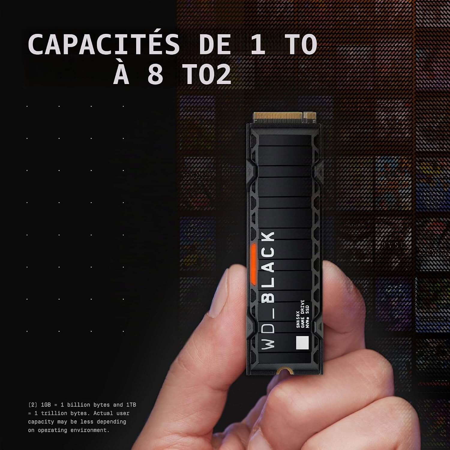 WDBLACK SN850X SSD 2 To montrant les capacités de 1 To à 8 To pour un stockage performant.