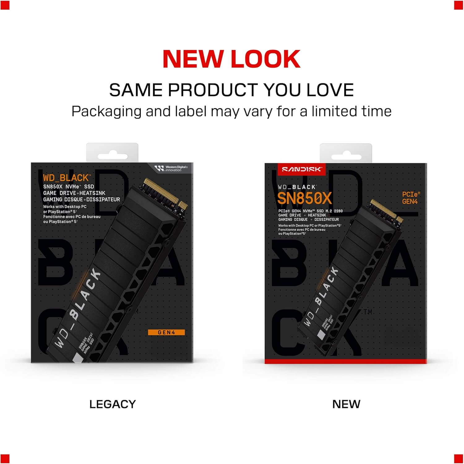 WDBLACK SN850X SSD 2 To packaging comparison with legacy and new design featuring M.2 NVMe interface.