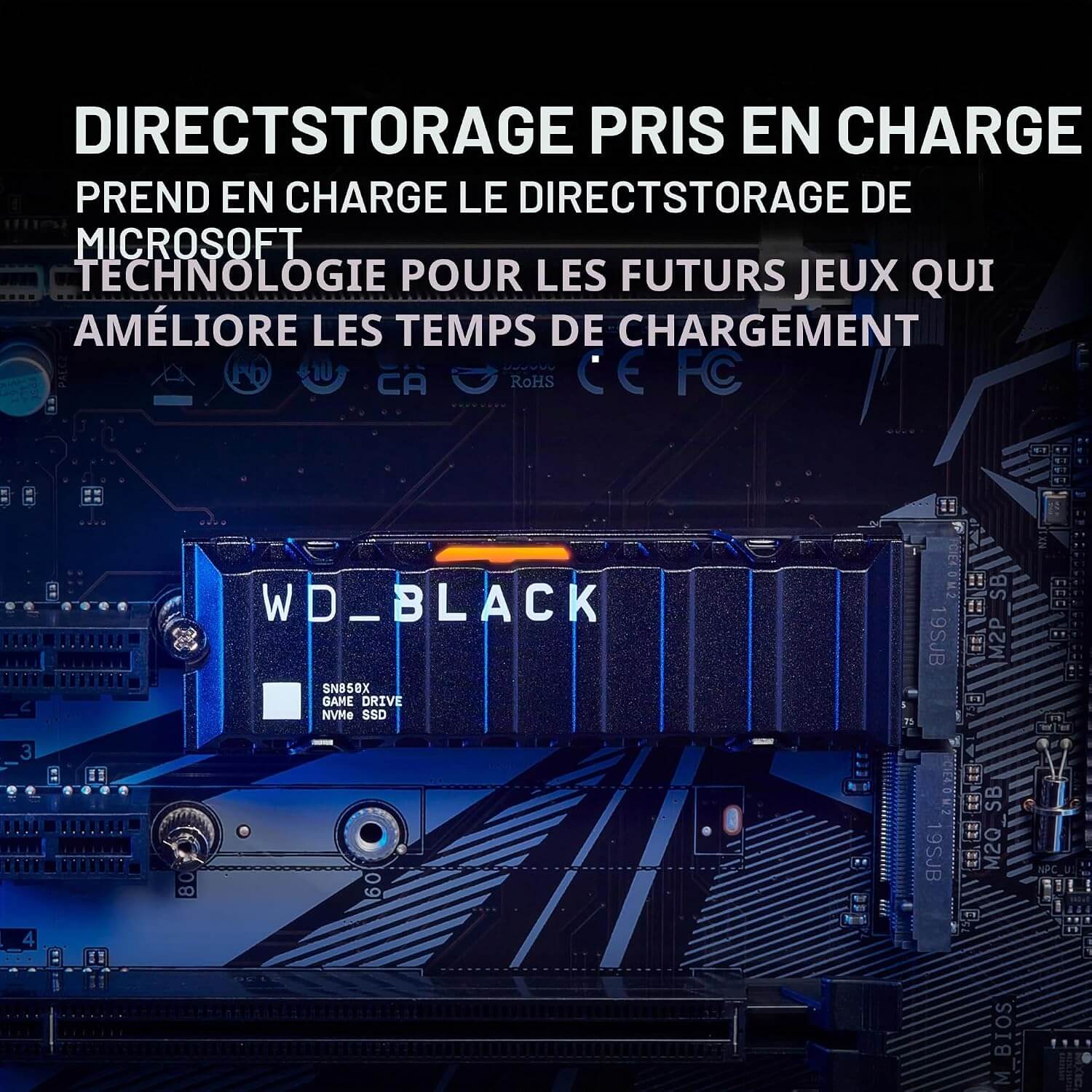 Image of WDBLACK SN850X SSD 2 To showcasing Microsoft DirectStorage technology for enhanced gaming performance.